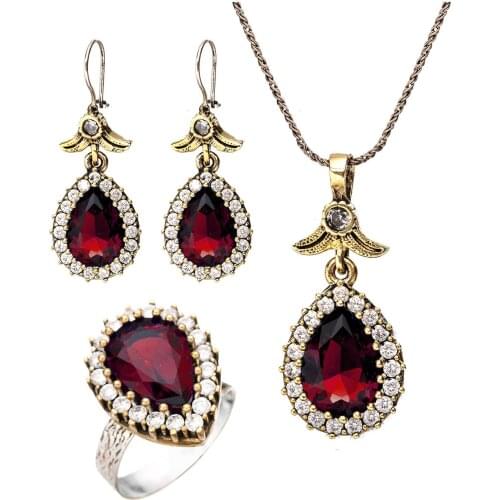 Red Garnet Ruby Gemstone Hurrem Sultan Drop Authentic Silver Triple Female Set Adjustable Ring