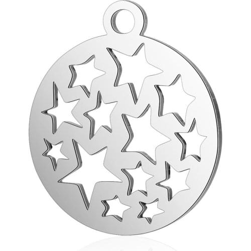 10pcs/lot 14mm Stainless Steel Round Star Pendant Bracelet Charms DIY Crafting Jewelry Making Handicraft Accessories Wholesale