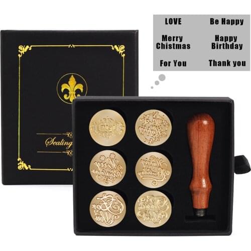 6pc Seal Wax Stamp Stick Set Replaceable Sealing Diversiform Vintage Signet Stamps for Letter Postage Envelop Wedding Invitation