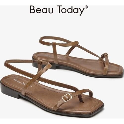 BeauToday Gladiator Sandals Women Cow Leather Square Toe Flip Flops Narrow Band Summer Beach Ladies Flat Shoes Handmade 32333
