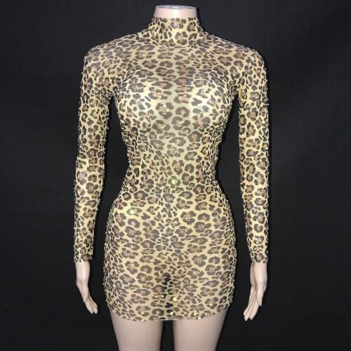 Sparkly Gold Rhinestones Leopard Mini Long Sleeves Dress Birthday Celebrate Stretch Costome Singer Performance Dance Outfit