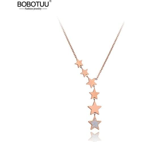 BOBOTUU Office Style Stainless Steel 6Pcs Rhinestone Stars Choker Necklace Jewelry Love Charm Pendant Necklace For Women BN19186