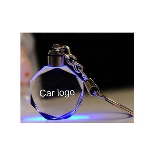 Wholesale 10pcs/lot New Seven Colours Flashing Luminous Key Chain Car Logo LED crystal Cut Glass Car Logo Key Ring Key Holder