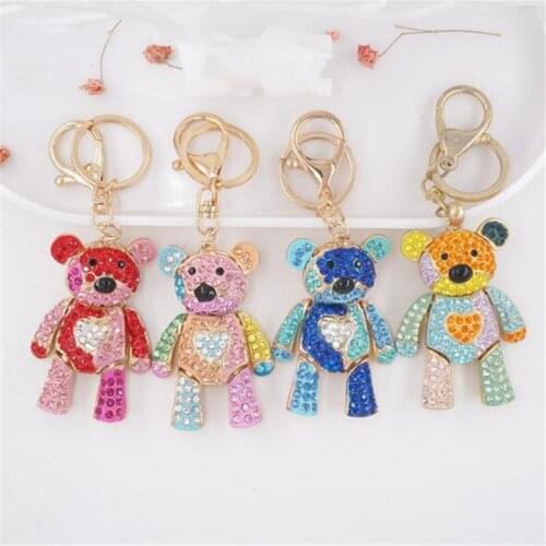 Fashion Colorful Crystal Bear Keychain Cool Bear Keyring Rhinestone Key Chain Zinc Alloy Key Holder Women Jewelry