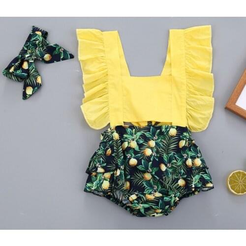 Baby Newborn Girls Romper Backless Design Jumpsuit Flare Sleeve Leaves Fruits Print Casual Infant Bodysuits Headband Outfits