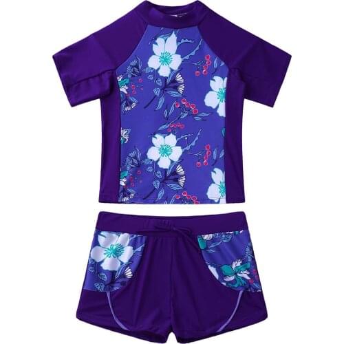 Kids Girls Swimming Suit Swimwear Sets Floral Print Top with Drawstring Boyshorts Beachwear Outfits Swimwear Bathing Suits