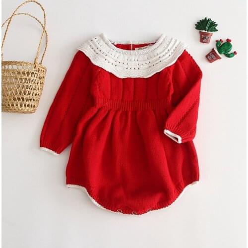 Kids Girls New Year Red Color Knit Long Sleeve Romper