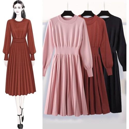 Elegant A Line Pleated Sweater Dress Women 2021 Winter Solid Long Sleeve Sweater Dress Female Lantern Sleeve Knitted Midi Dress