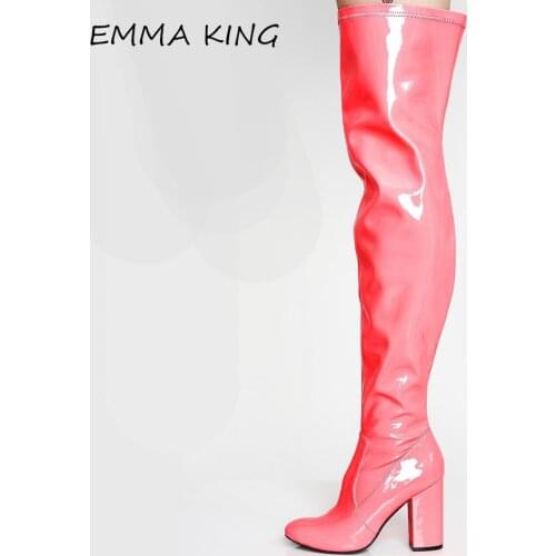 EMMA KING Sexy Patent leather PU Over Knee High Boots Zipper Chunky Heels For Women Pointed Toe Rain Shoes