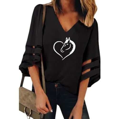 Cute Horse Head Heart Print Shirt Female Harajuku Half Sleeve V-Neck Bell Sleeve Sexy Splice T-Shirt Women Femme Gift Loose Tops