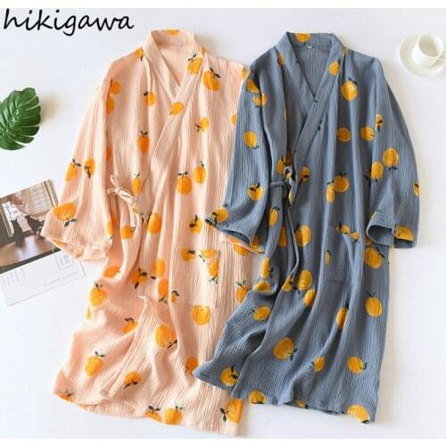 Hikigawa Japanese Robes for Women V-neck Long Sleeve Lace Up Pajamas Print Sweet Robe Set Night Dress Womens Pyjama Pour Femme