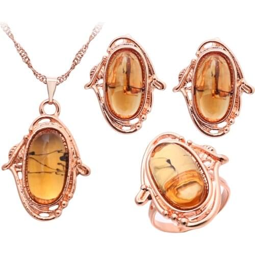 Hesiod New Antique Retro Round Jewelry Romantic Natural Stone Bead Gold Chain Necklace Earring Ring Wedding Set