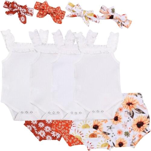 Baby Girls Clothes Set, Solid Color Sleeveless Romper+Sun/Floral Print Shorts+Bownot Headband