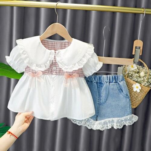 Baby girl clothing set summer fashion lace check shirt top shorts casual 2 pieces for baby girl baby suit childrens clothing