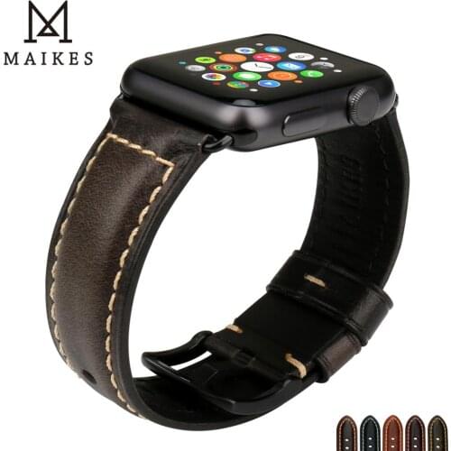 MAIKES Genuine Leather Strap Watchband Bracelet For Apple Watch Band 44mm 40 Series 6 5 4 & Apple Watch Strap 42m 38 Series 3 2