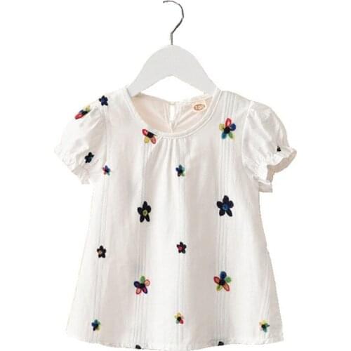 Summer New Girls' T-shirt Korean Fashion Princess Short Sleeve Cotton Pink Flower Shirt Childrens Clothing for 2-8 Years Old