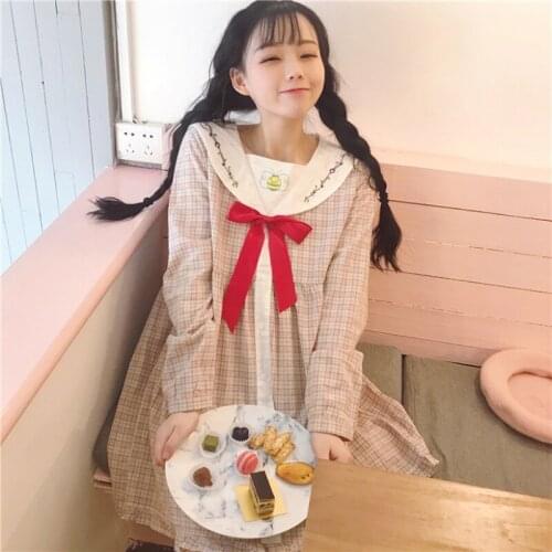 Kawaii Lolita dress spring womens Japanese sweet student bow embroidery plaid summer small fresh dress