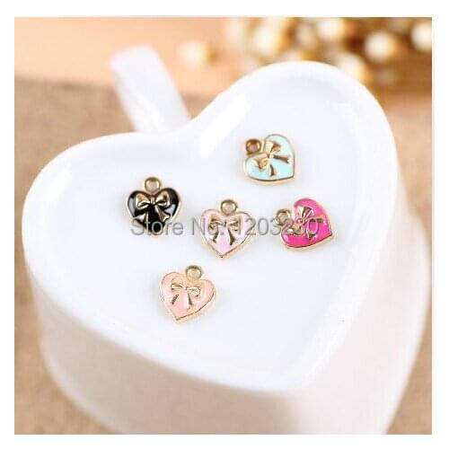 New design fashion 9*10mm mix colour 50pcs/lot alloy drap oil charm metal Bows with love pendants