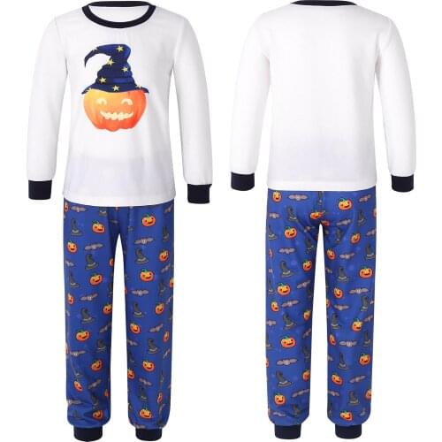 New White Navy Blue Kids Boys Girls Halloween Pajama Outfits Long Sleeve Top Pants Pumpink Print Pattern Loose Fit Sleepwear Set