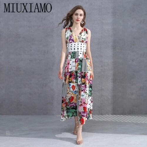 MIUXIMAO 2020 Spring& Fall Dress Newest Cute Print Flower & Dot Sleeveless V-neck Elegant Casual Long Dress Women Vestidos