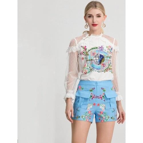 2021 Autumn Long Sleeve Shirt Fashion Blue Pull-over Lace Handmade Beaded Mosaic Mesh Temperament Commuter Suit