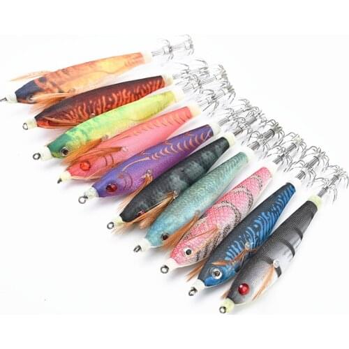 10Pcs Wood Shrimp Fishing Lure 10cm 10g Artificial Squid Hook Jig Hard Bait Cuttlefish Octopus Bait Swimbait