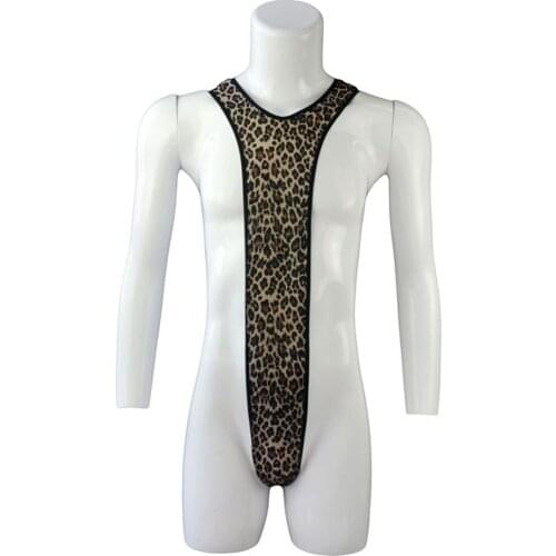 Sexy underwear men трусы мужские One-piece skinny neck jumpsuit leopard bodysuit ZJH122B