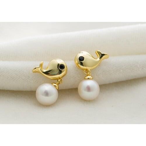 Lovely Dolphin Style Pearl Earrings 8-9mm Perfectly Round Pearl Dangle Earrings Women Pearl Jewelry Lady Gifts