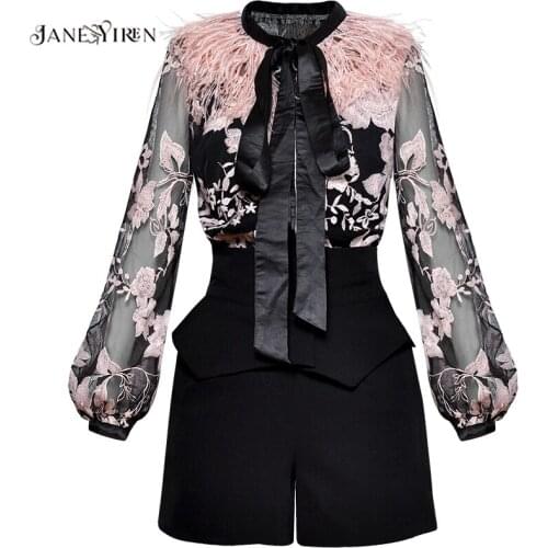 Jianyiren Spring Women Suit Bow collar Feather lantern Sleeve Mesh See through Embroidery Vintage Blouse+Shorts Two-piece suit