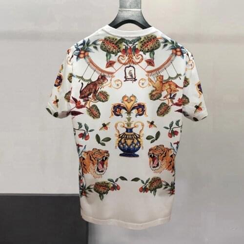 Tee Cotton Runway Fashion 2021 High Quality White Black T-Shirt Animal Flower Print Beading Diamonds Casaul T-Shirts