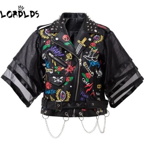 LORDLDS Women Black Leather Jacket Cropped Biker Moto Mesh Sleeve Printed Outwear Zip Up Coats and Jackets fall women clothing