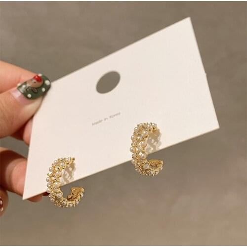MENGJIQIAO 2020 New arrival Handmade Elegant Pearl Shiny Zircon Hoop Earrings For Women Cute Circle Boucle d'oreille Jewelry