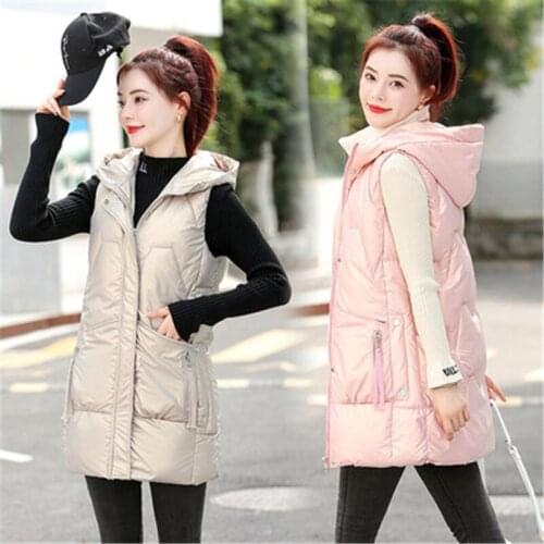 2021 Solid Hooded Long Vests Women Winter Waistcoat Fashion Shiny Coat Women Elegant Glossy Winter Vest Jacket Female 075