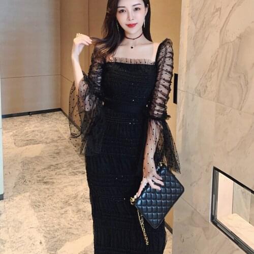 Runway Designers 2021 Spring Sexy Vintage Ssquare Collar Flare Sleeve Polka Dot Mesh Dresses For Women Elegant Black Midi Dress