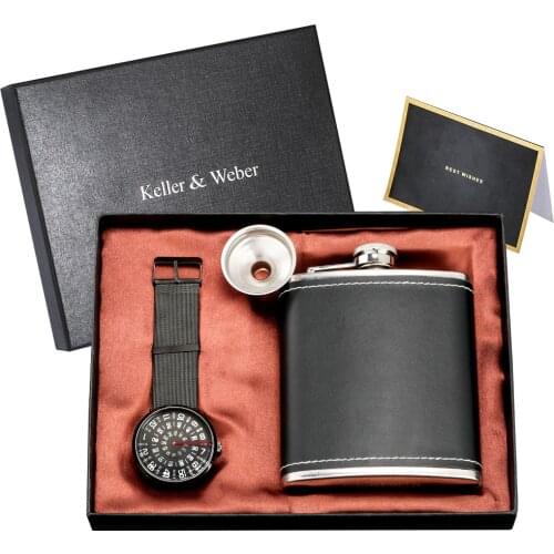 2020 Men Fashion Gift Set Top Luxury Brand Quartz Wrist Watches Stainless Steel PU Leather Hip Flask with Funnel Birthday Gifts
