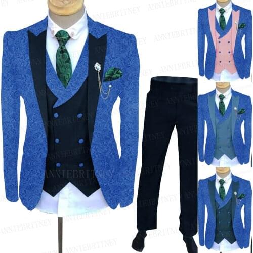 2021 Royal Blue Jacquard Men Suit With Navy Blue Pants 3 pieces Custom Made Fashion Business Tuxedo Set Groom Prom Wedding Suits