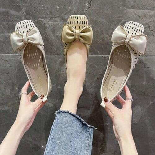 Large Size 35-40 Ladies Single Shoes Spring And Summer New Hollow Breathable Square Toe Shallow Bow Flat Shoes