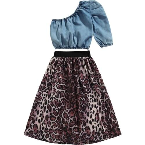 2-7Y Toddler Kids Baby Girl One Shoudler Denim Tank Tops Leopard Long Skirt 2PCS Outfits Fashion Children Clothes Set