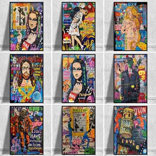 Graffiti Art Mona Lisa Canvas Art Posters and Print Street Art Canvas Paintings on The Wall for Home Decoration Pop Art Pictures