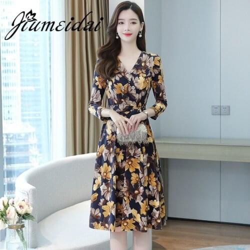 JiuMeiDai 2020 Women Autumn Long Dress Office Lady Elegant Floral Printed Dresses Female V-Neck Vintage Party Clothing Plus Size
