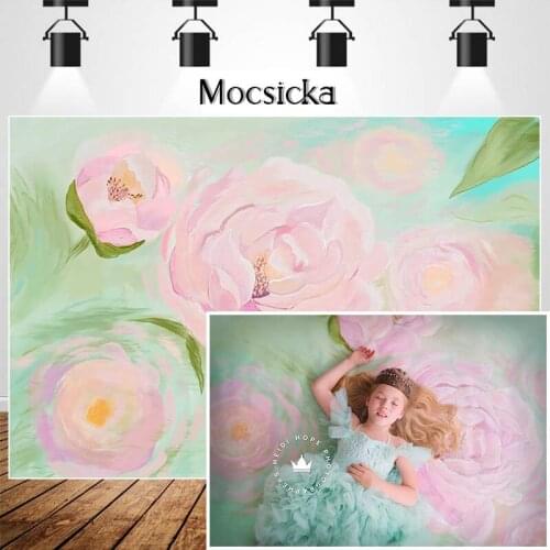 Mocsicka Hand Painted Blooming Flowers Photocall Background Photo Studio Pink Floral Green Leaf Decor Photography Backdrop Props