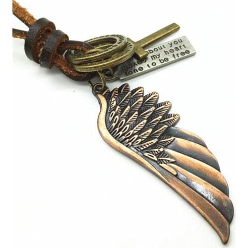 New Long Casual Handmade Brown Men Genuine Leather Bronze Hoops Wing Cross Pendants Necklace For Women Male Wholesale Jewelry