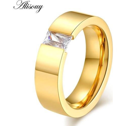 6mm width Wedding Ring promise rings for men women Big Crystal Gold Titanium Steel Ring for lovers couple ring