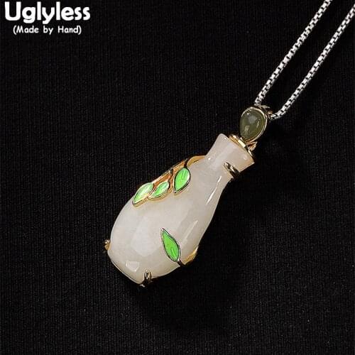 Uglyless 100% Real Solid 925 Sterling Silver Handmade Vase Pendants for Women Vintage Enamel Leaf Necklaces No Chain Jade Bijoux