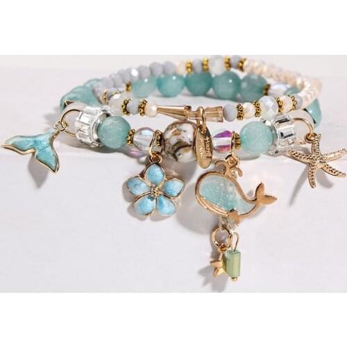 2021 new Korean Fashion Girl Heart Holiday Style Whale Tail bead Bracelet Double Stretch Girl Pendant Retro Bracelet for women