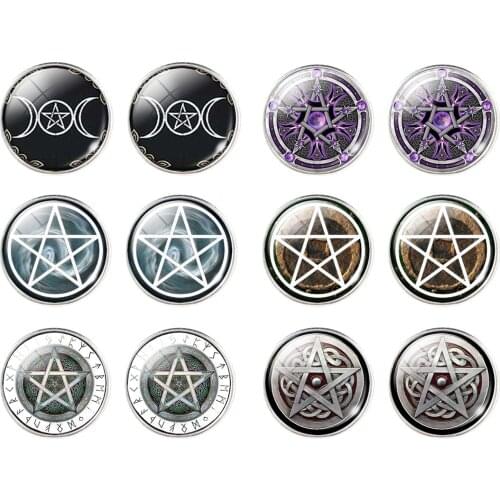 Wiccan Ear Nail Magic Wicca Pentagram Ear Studs Occult Stud Earrings Jewelry Glass Cabochon Earrings For Women Men