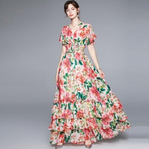 Summer Runway Floral Maxi Dress Women Bohemia Flower Print V-Neck Butterfly Sleeve Elastic Waist Cascading Ruffles Long Dress