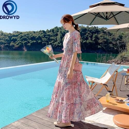 2021 Elegant Vintage Pink Floral Beach Midi Dresses Summer Slim Long Womens Dress Chiffon Ruffles V-neck Bodycon Party Vestidos