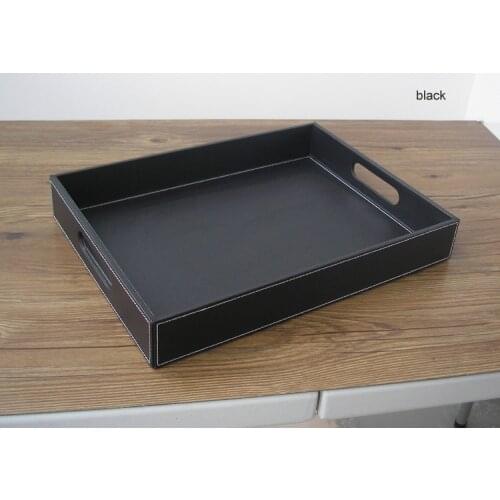 40x30cm rectangle black leather serving tray trays bandeja tableware food fruit storage tray with cut-out handle 295A