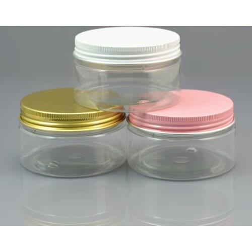 50pc/lot 100ml Clear Plastic Cosmetic Jar Serum Bottle White Pink Gold Aluminum Cap 3.5oz Refillable Hand Cream Case Metal Lid